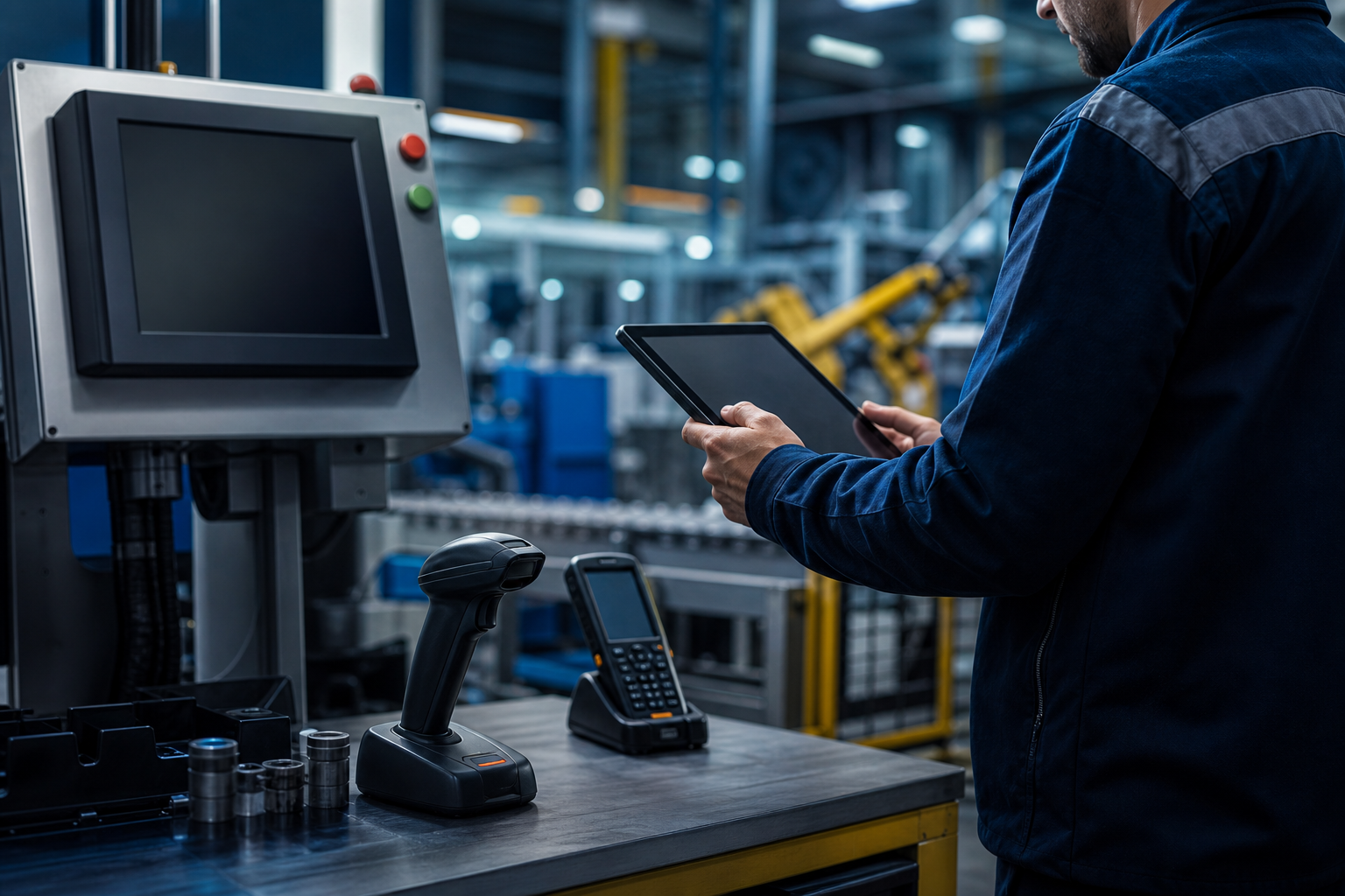 Üretim sahasında tablet üzerinden makine iş emrini yöneten bakım teknisyeni