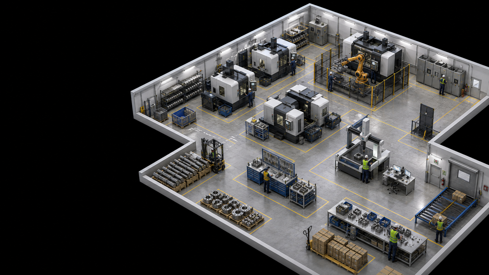 CNC makineleri, PLC panoları, robot taşıma, kontrol ve canlı veri sinyalleri olan bağlı metal işleme zemini.